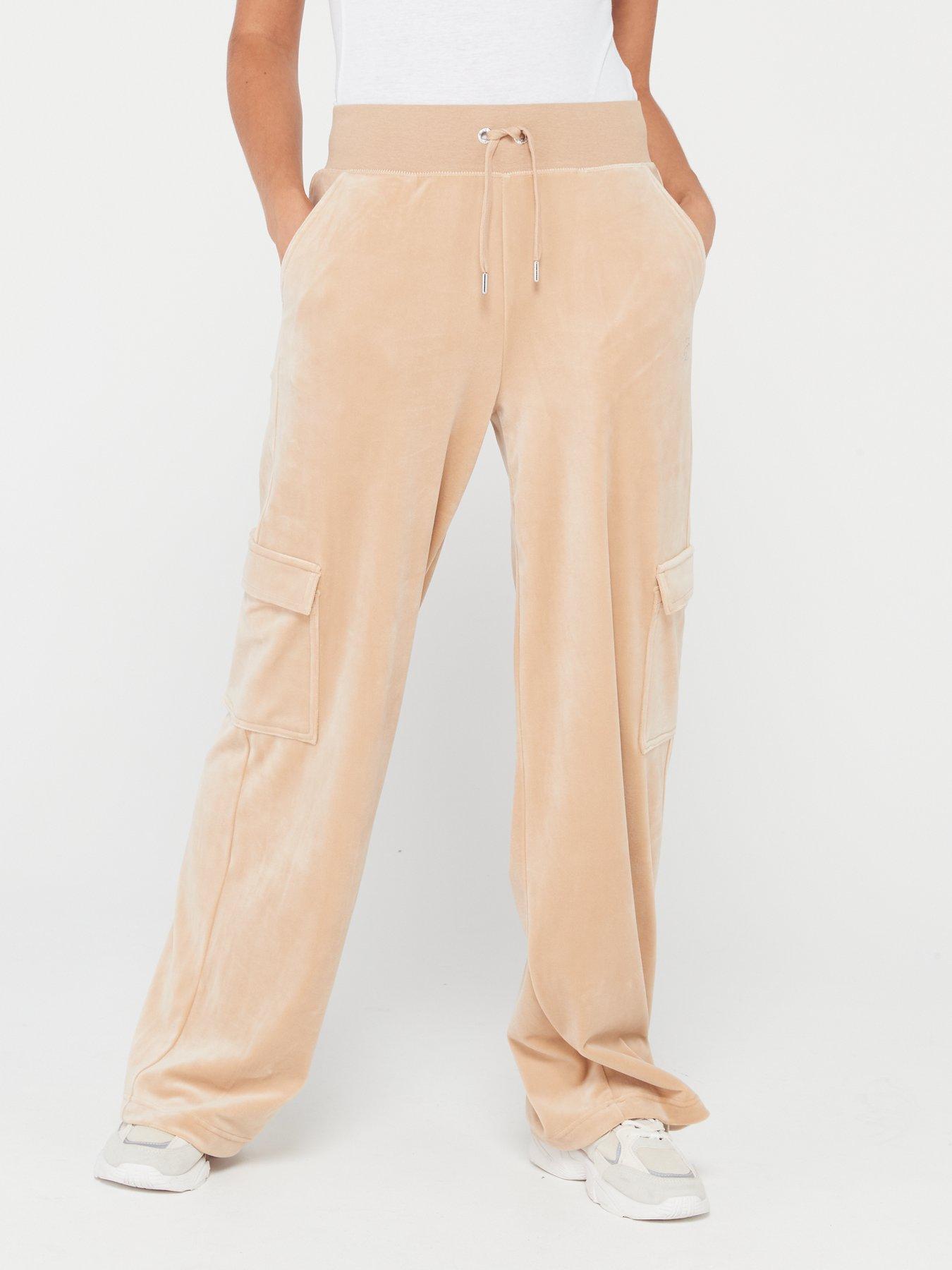 Classic Velour Diamante Logo Cargo Pant Beige