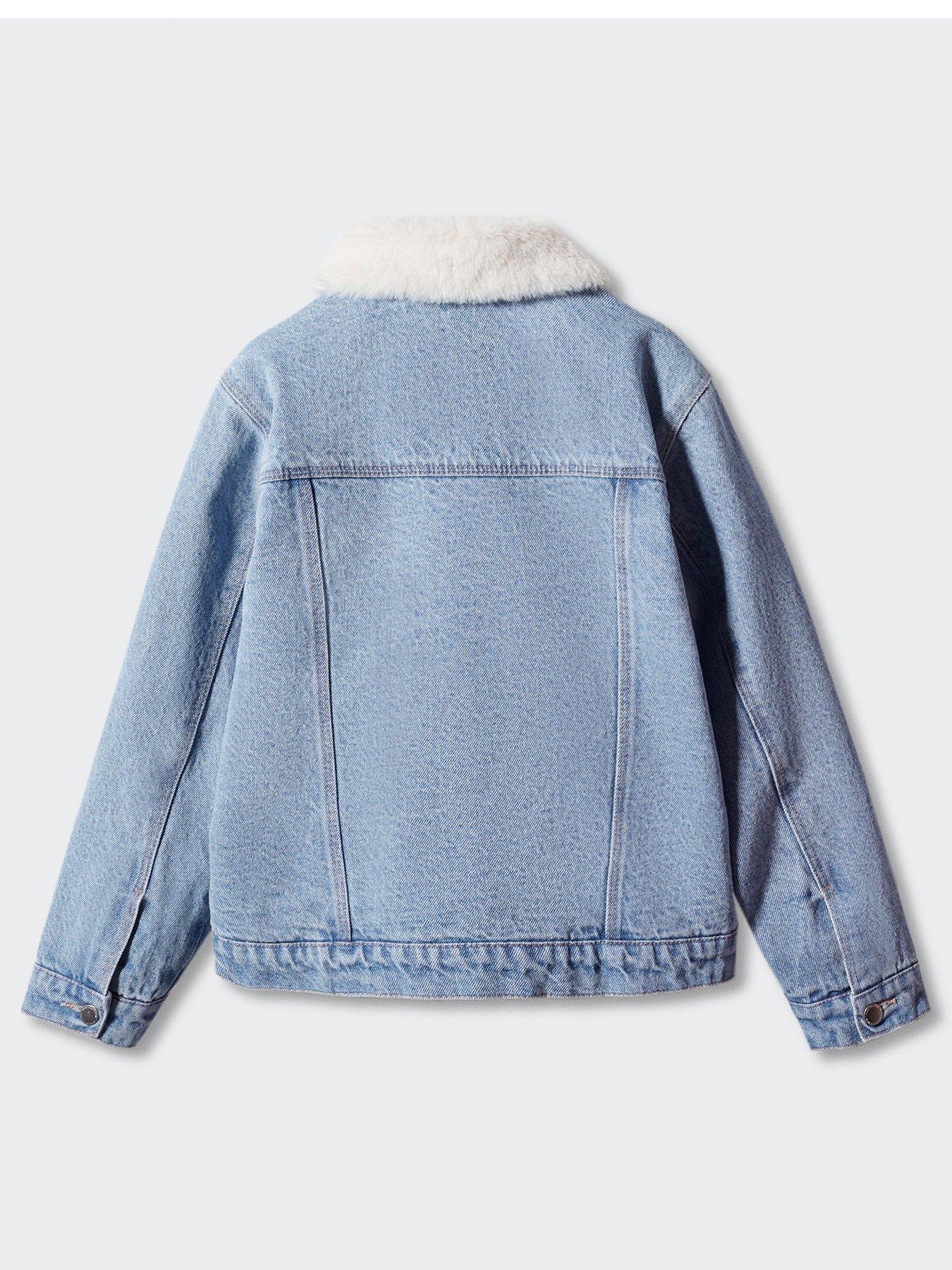 Light wash denim outlet jacket with fur collar