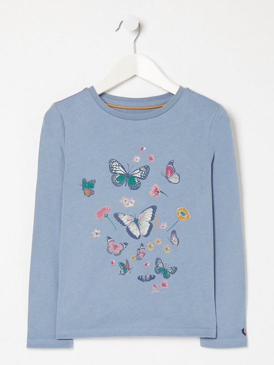 front image of fatface-girls-butterfly-graphic-long-sleeve-tshirt-blue
