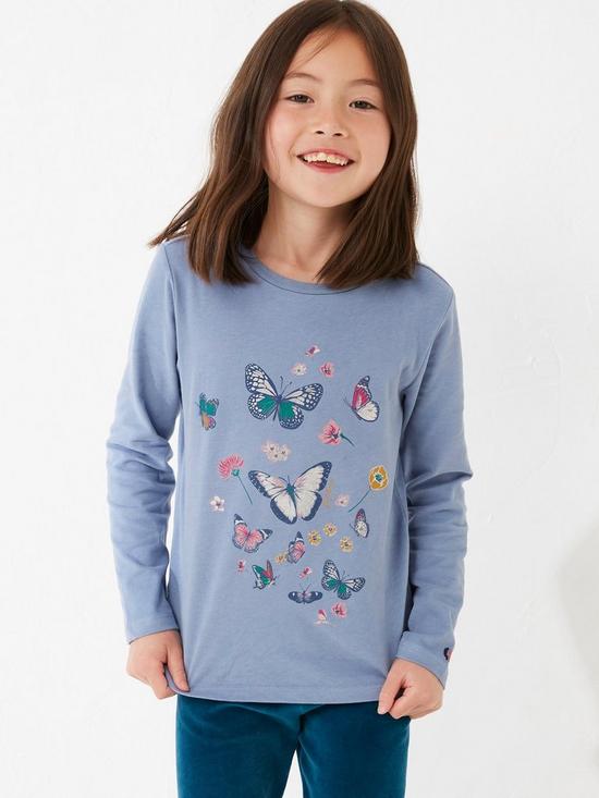 stillFront image of fatface-girls-butterfly-graphic-long-sleeve-tshirt-blue