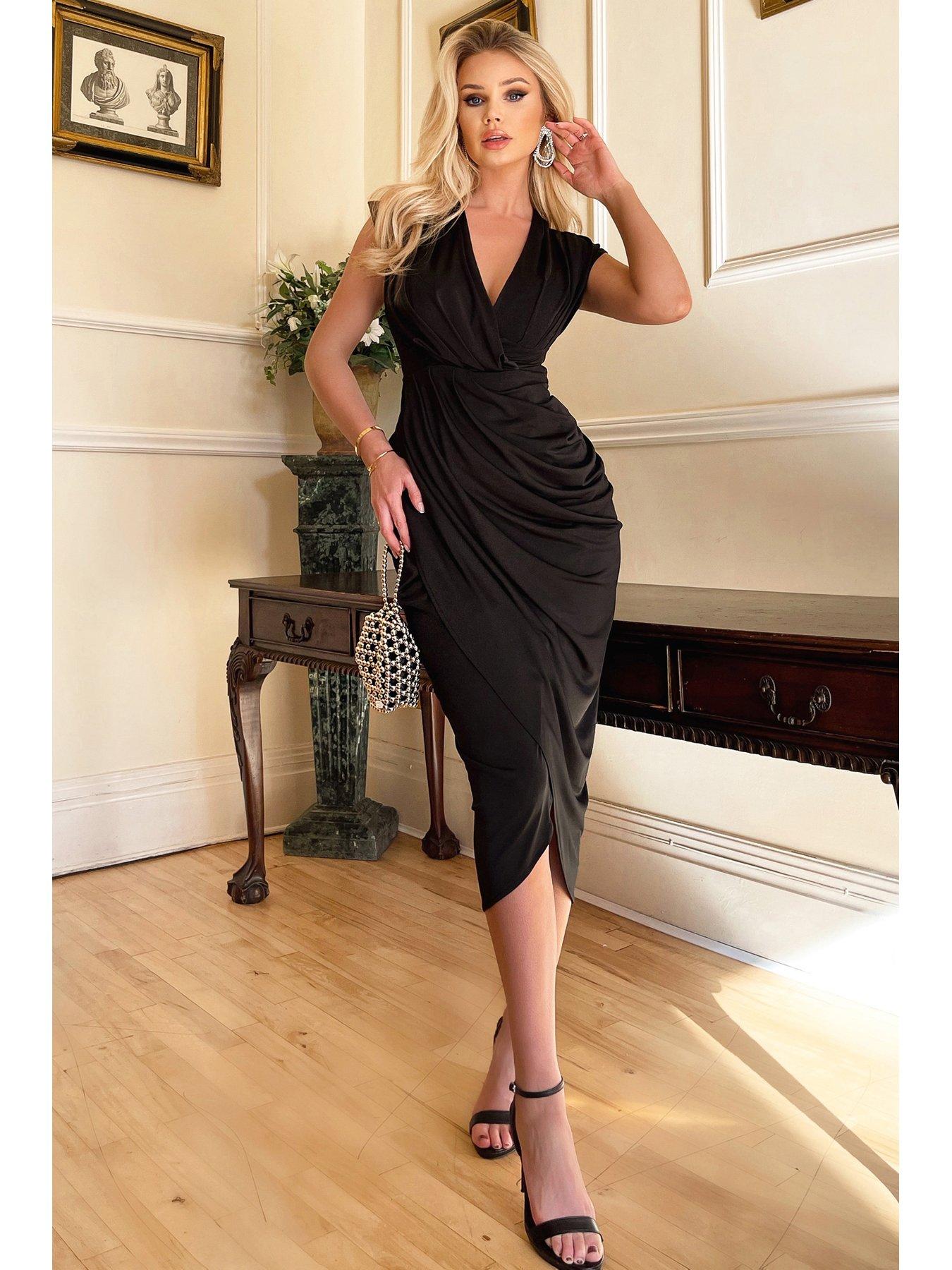 undefined Black Wrap Draped Midi Dress