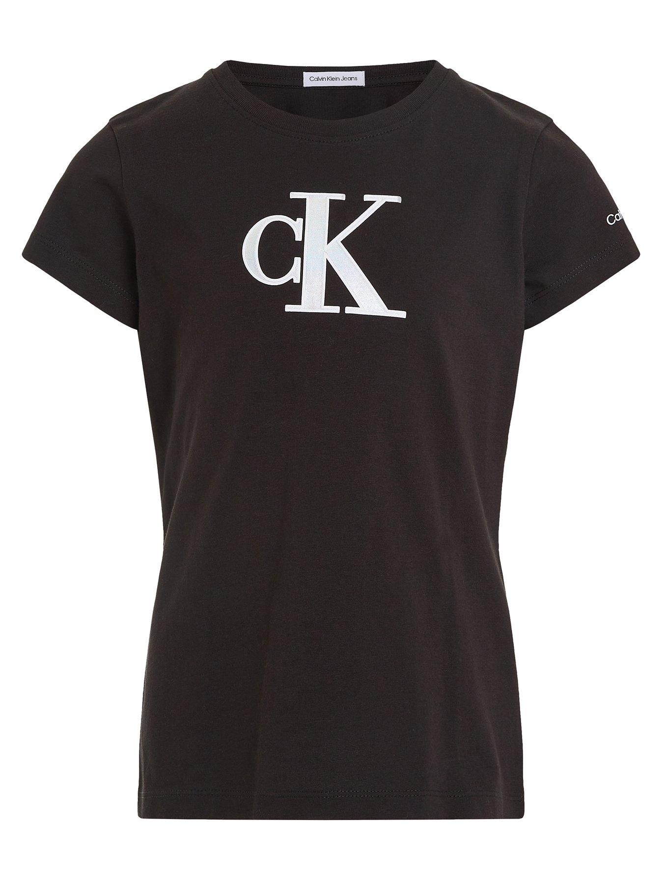 Calvin Klein Jeans Girls Metallic Monogram Slim T-Shirt - Black