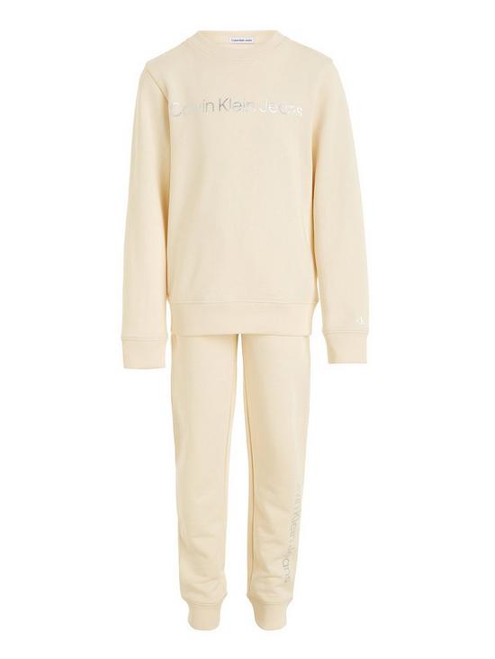 front image of calvin-klein-jeans-kids-institute-logo-long-sleeve-top-and-jog-set-vanilla