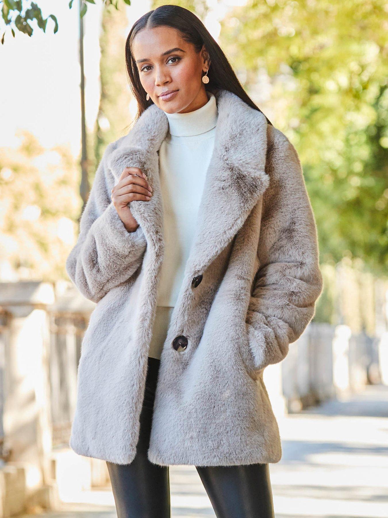 Sosandar Taupe Premium Faux Fur Coat With Button Detail