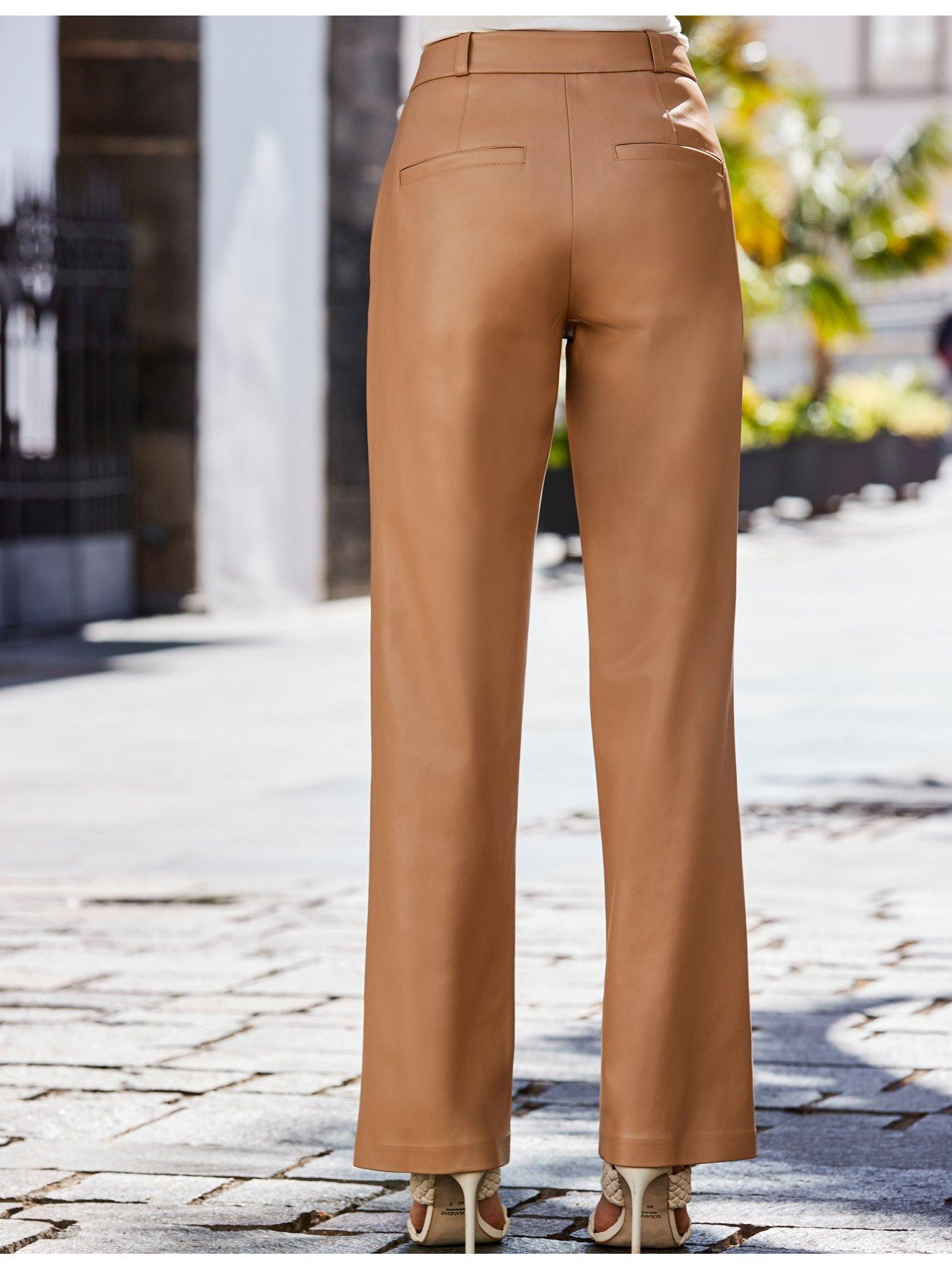 Sosandar Tan Faux Leather Wide Leg Trousers