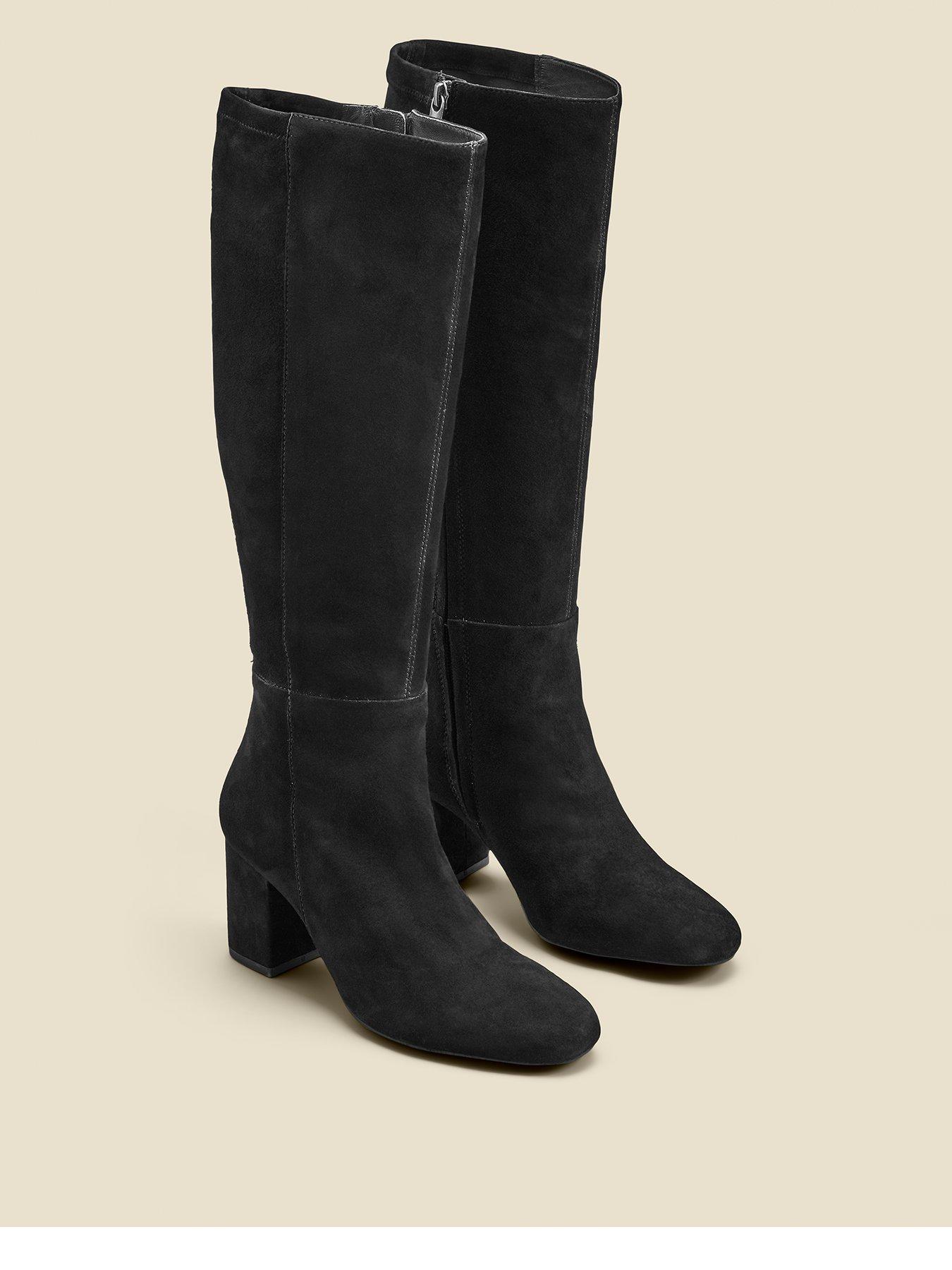 Sosandar Tia Black Stretch Suede Low Block Heel Knee High Boot