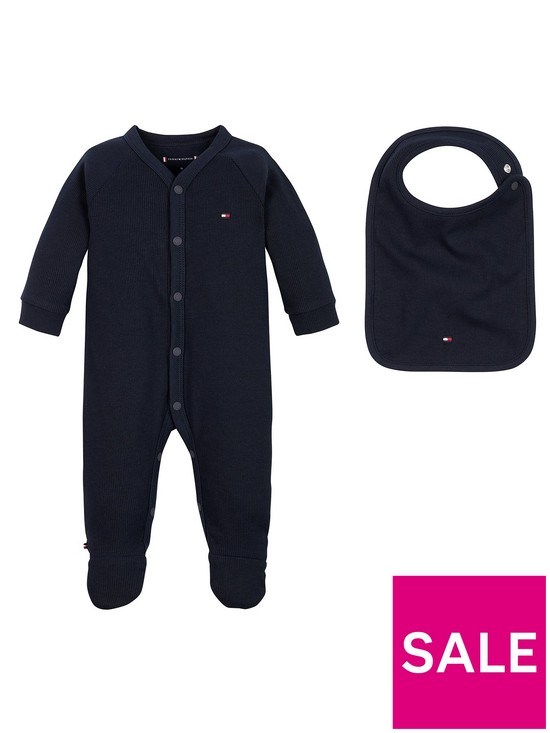 front image of tommy-hilfiger-baby-boys-rib-sleepsuit-giftbox-navy