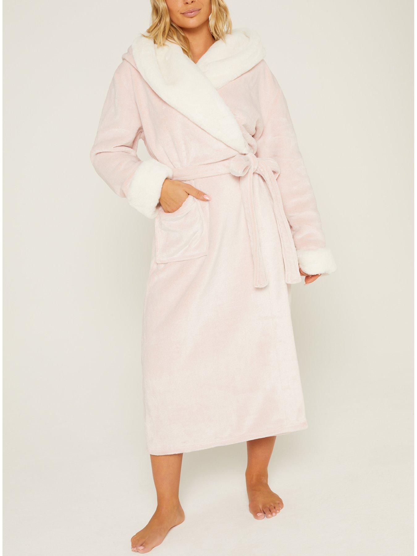 Women's Winter Robe with Faux Fur Feather, Plush Fleece Hooded Bathrobe