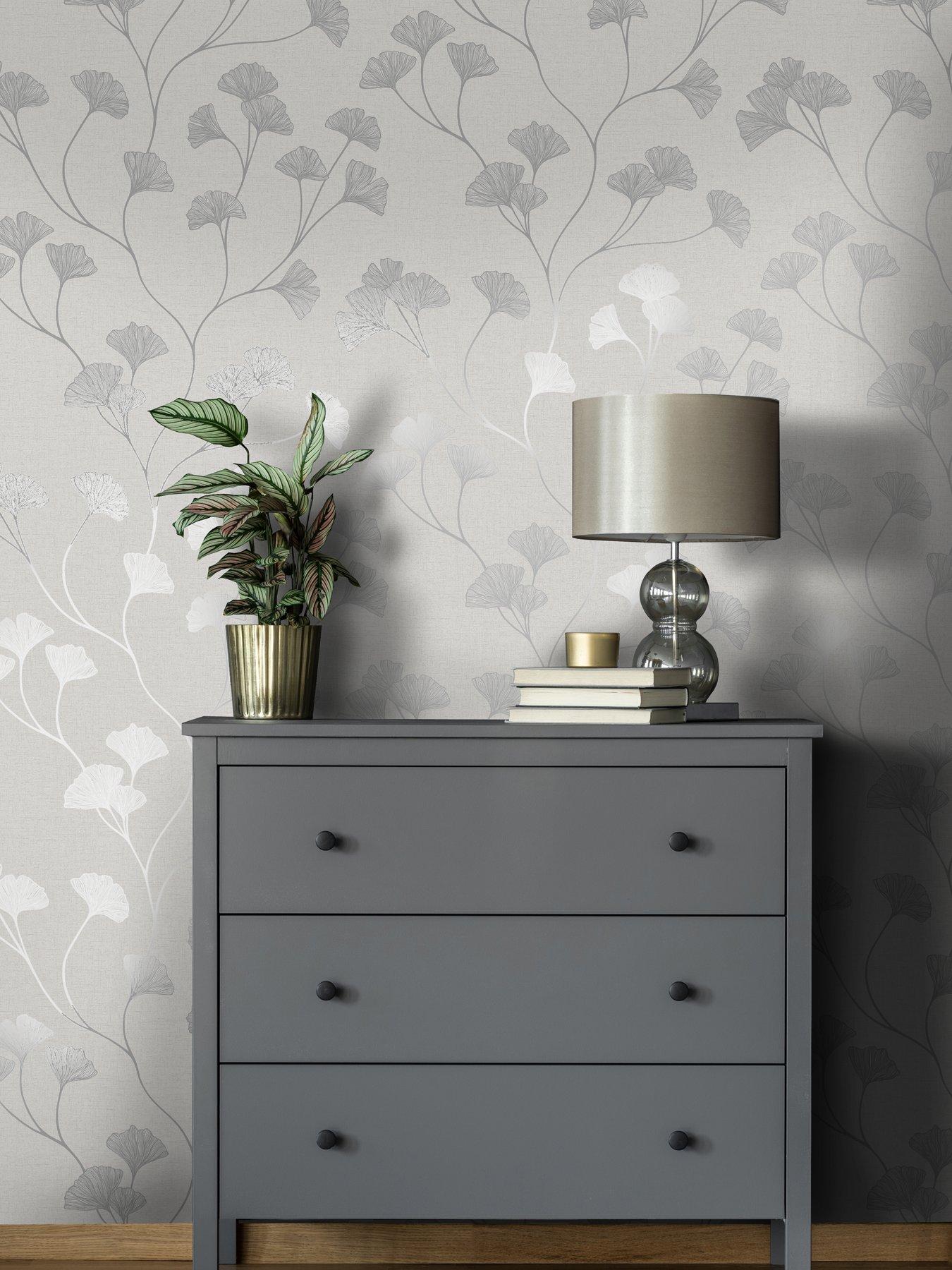 Holden Decor Glistening Ginkgo Wallpaper Grey Silver Very.co.uk