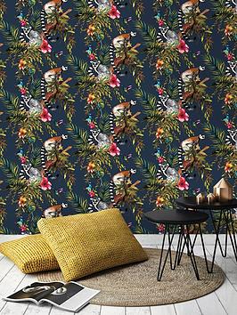 Product photograph of Holden Decor Lemur Wallpaper - Midnight Blue Multi from very.co.uk