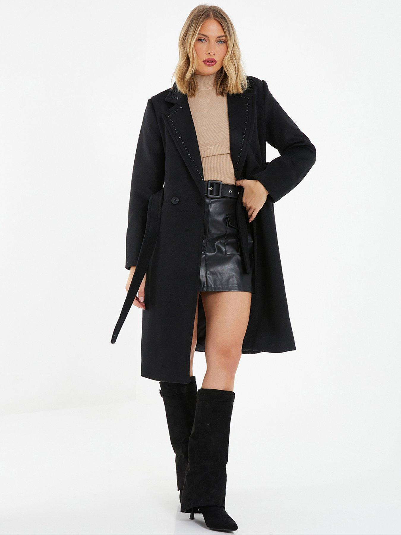 Buy LAPEL NECK POLYESTER WAIST-TIE BLACK TRENCH COAT for Women