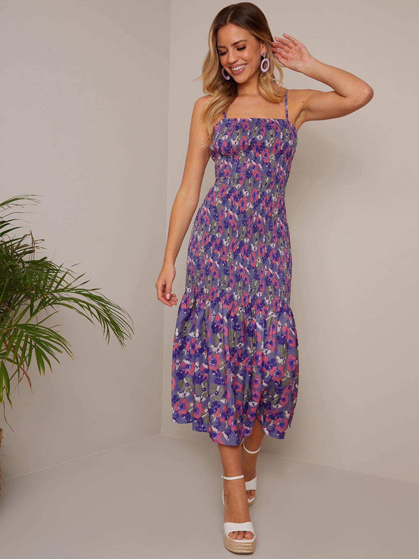 chi-chi-london-floral-print-shirred-bodice-midi-dress-in-blue