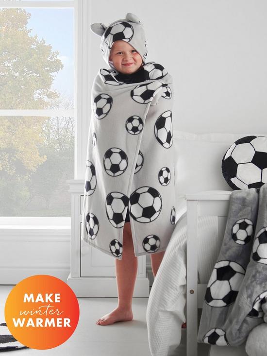 front image of bianca-football-soft-cosy-fleece-kids-grey-hooded-blanket