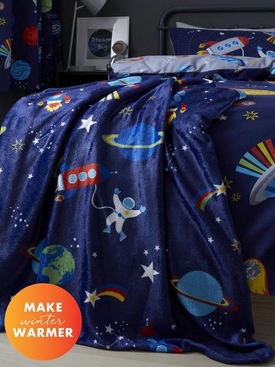 front image of catherine-lansfield-lost-in-space-soft-cosy-fleece-blanket-blue