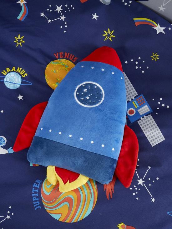 front image of catherine-lansfield-lost-in-space-3d-rocket-cushion-blue