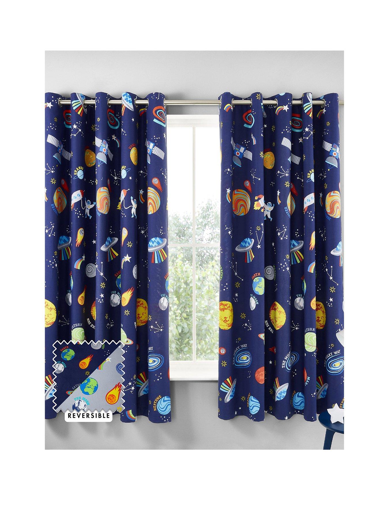 Product photograph of Catherine Lansfield Lost In Space Reversible Eyelet Curtains - Blue from very.co.uk