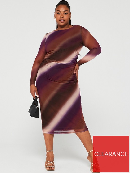 front image of v-by-very-curve-mesh-sleeve-midi-dress-multi