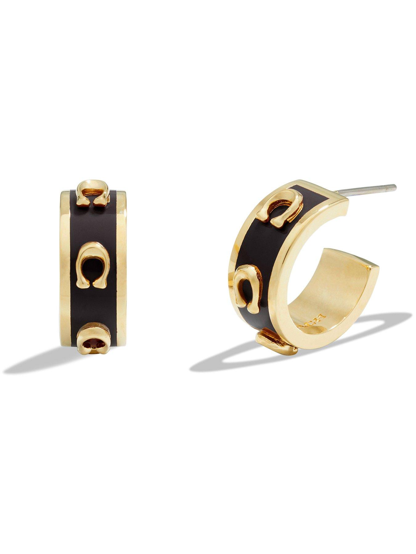 Product photograph of Coach Pegged C Enamel Huggie Earrings - Black Gold from very.co.uk