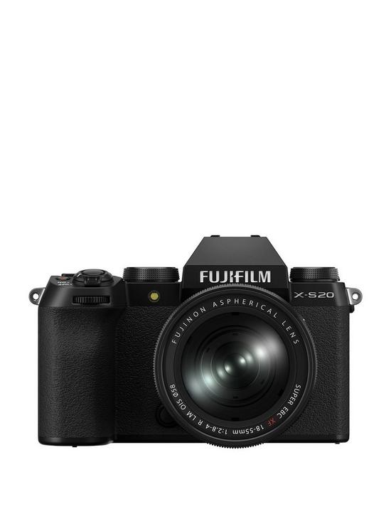 front image of fujifilm-x-s20-mirrorless-digital-camera-with-xf18-55mm-f28-4-r-lm-ois-lens-black