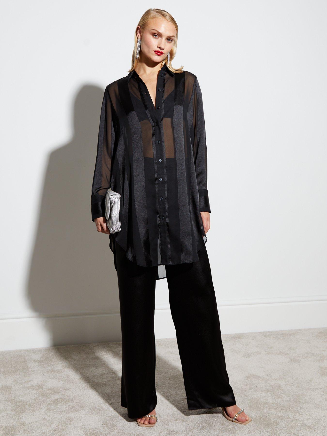 Black Stripe Semi Sheer Satin Shirt