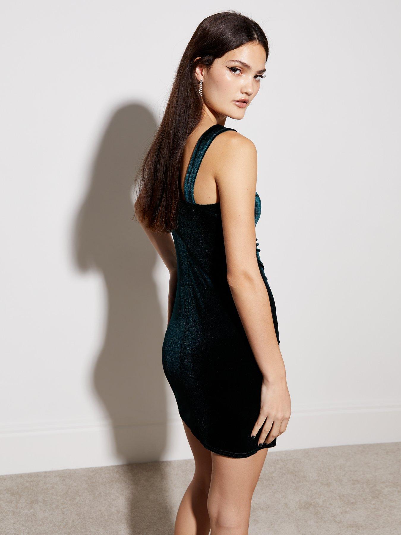 Dark Green Velvet Strappy Ruched Bodycon Mini Dress