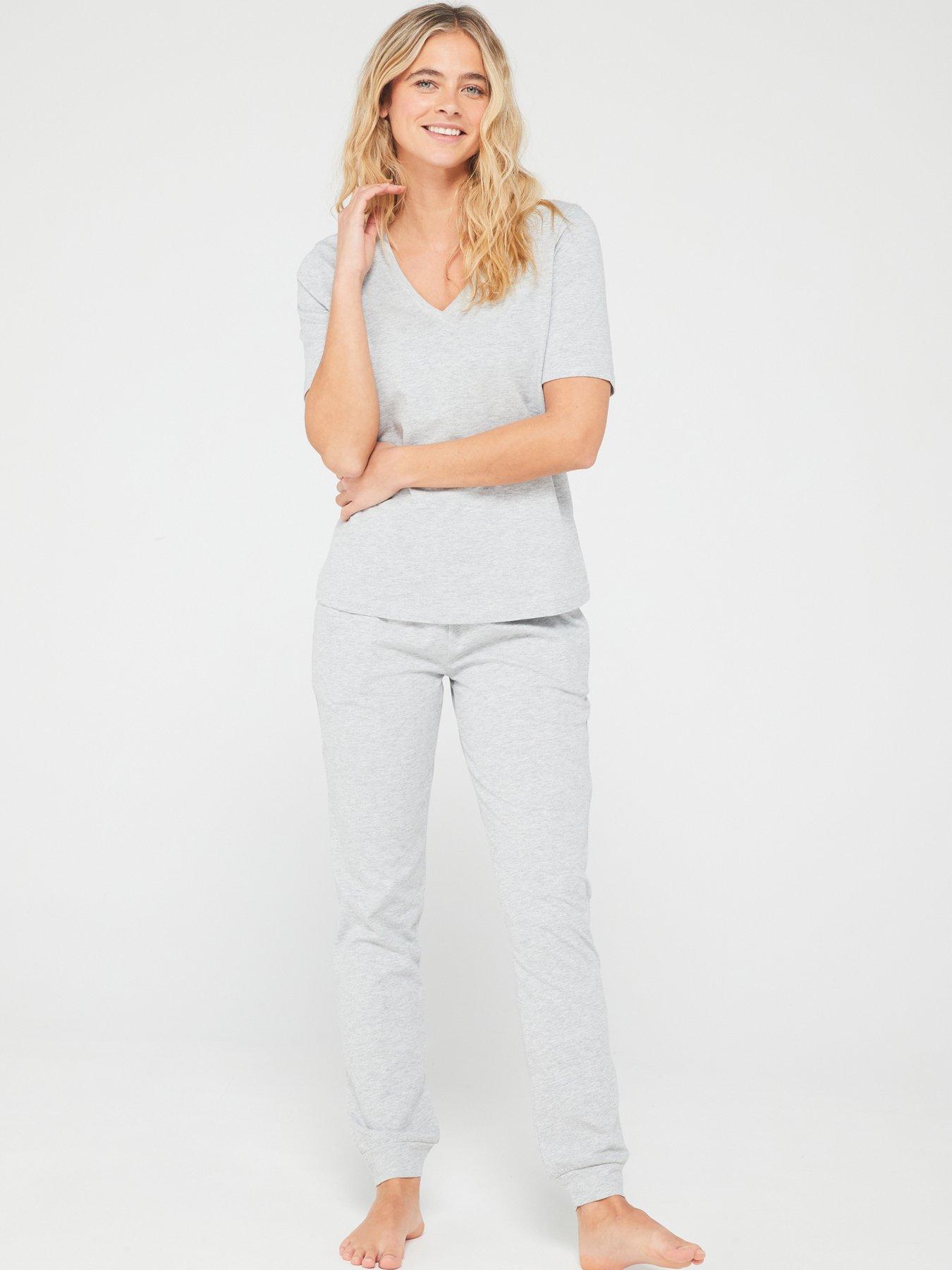 Women's Grey Marle Cotton Long Sleeve Henley Top with Tapered Pant Set