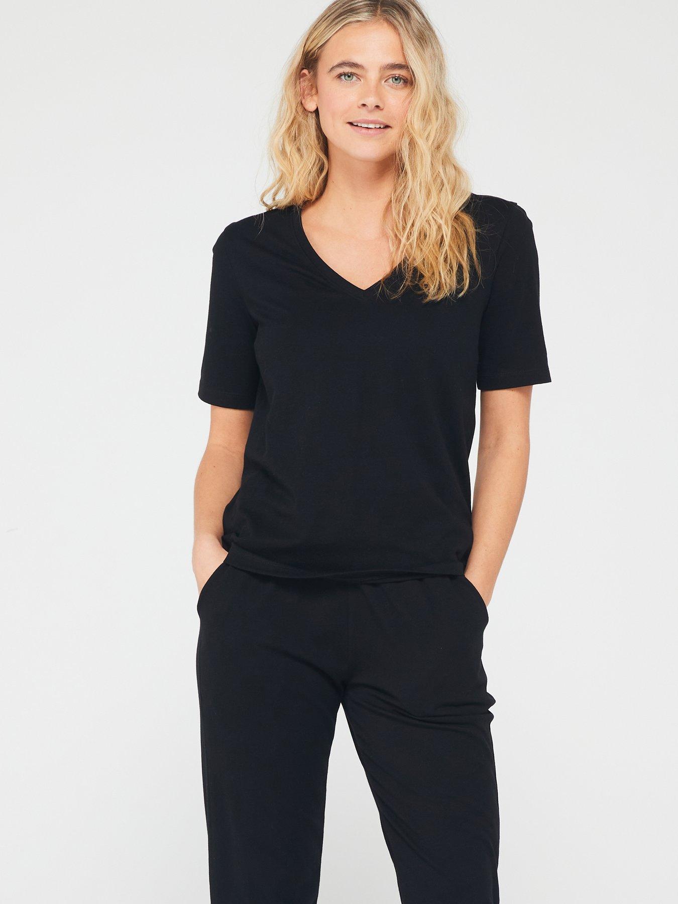 Everyday Mid Sleeve V Neck Top and Jogger PJ Set Black