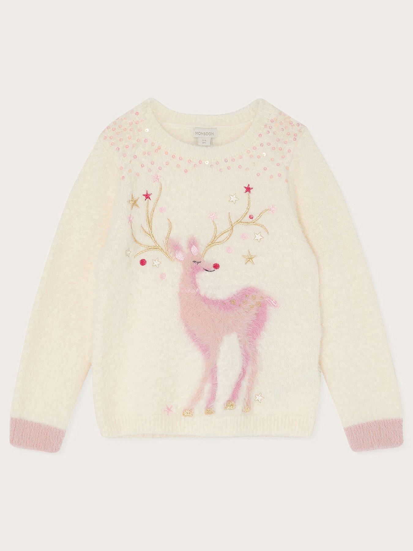 Monsoon Girls Christmas Reindeer Knitted Jumper - Ivory | very.co.uk