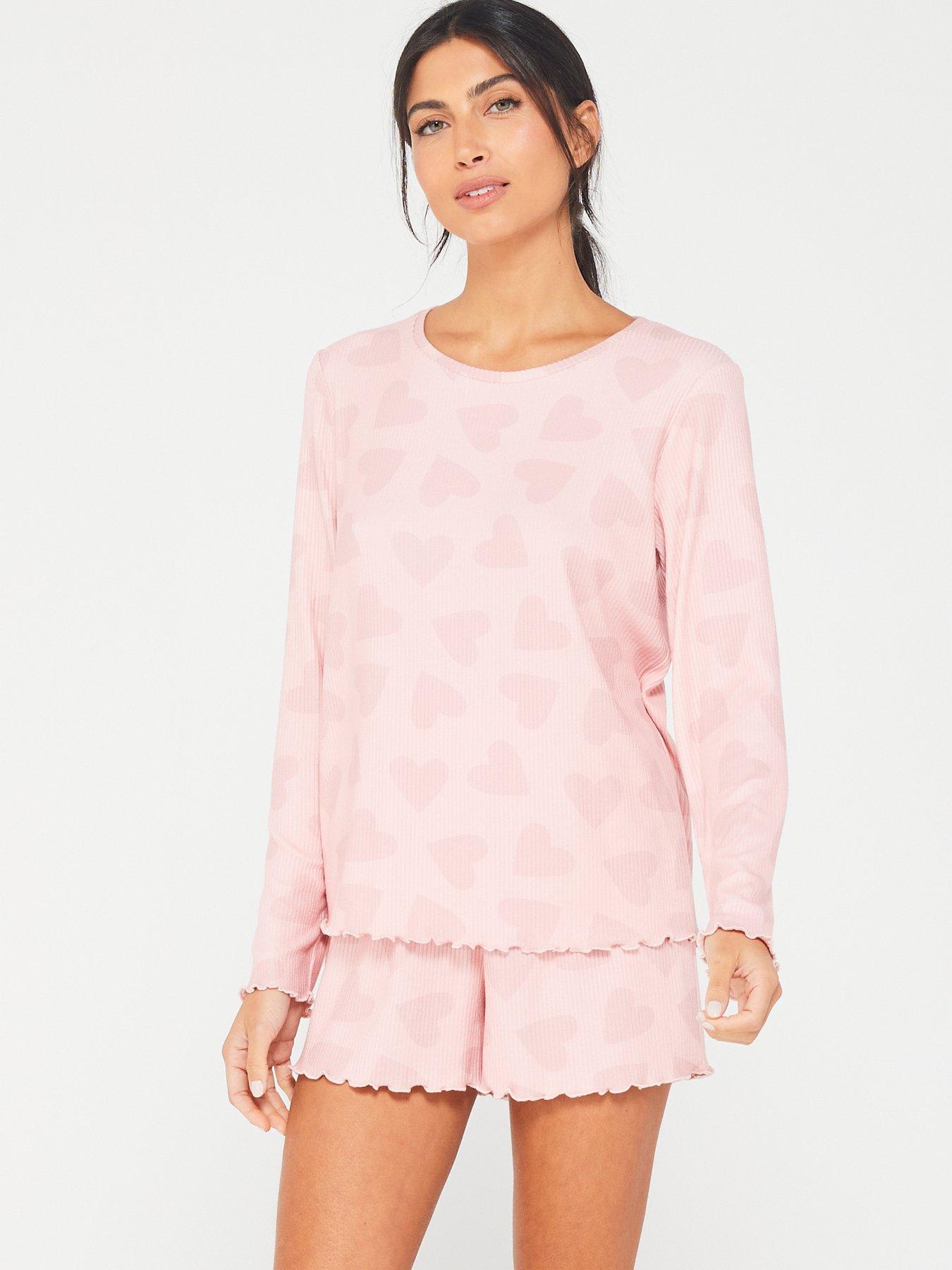 Barbie Ladies Pyjama Set, Womens Ribbed White Vest & Pink All Over Print  Elasticated Shorts