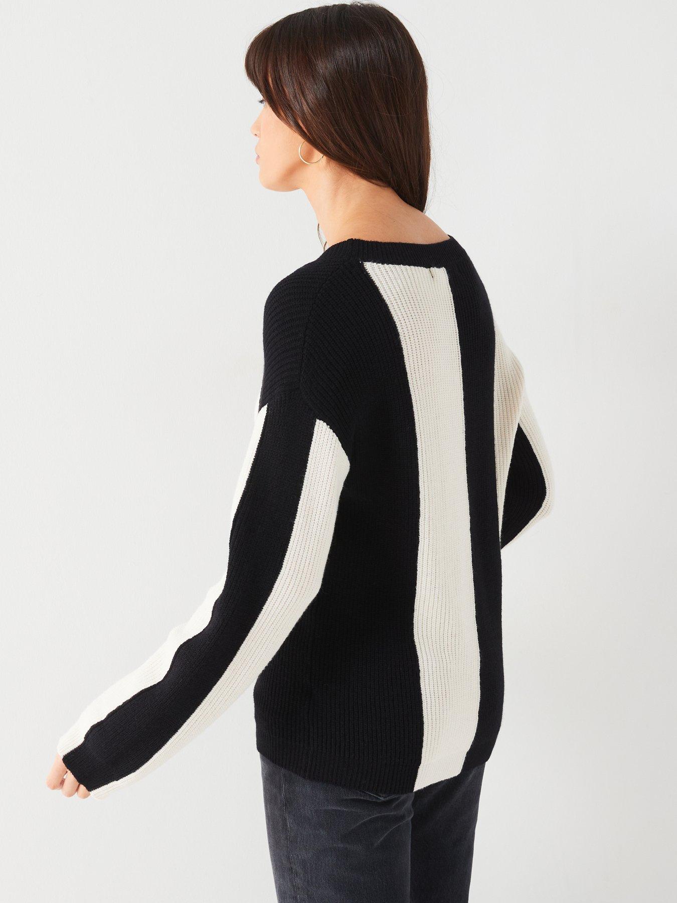 V by Very Crew Neck Block Stripe knitted Tunic - Black and Ivory | Very ...