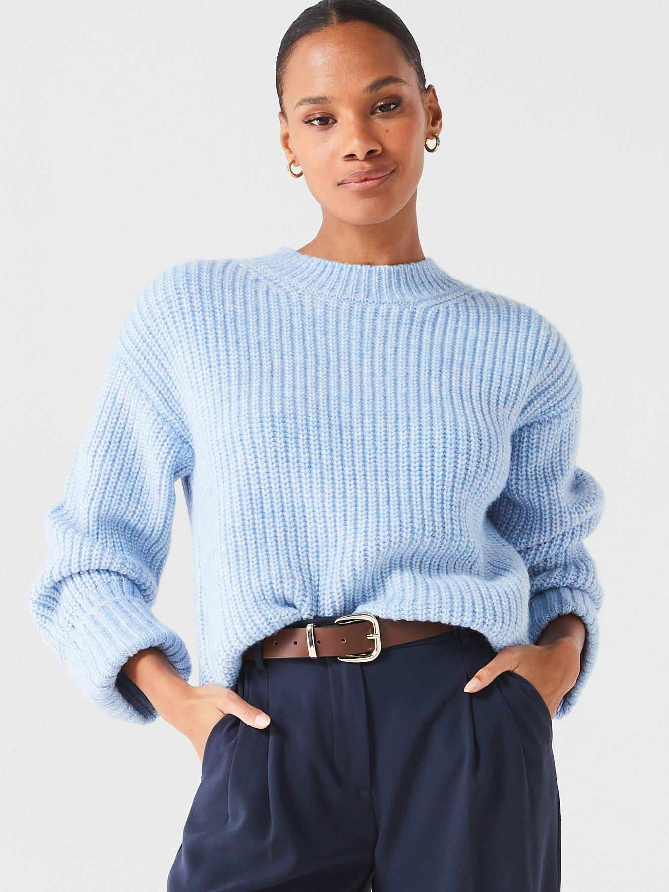 Turn Up Cuff Crew Neck Oversized Jumper Light Blue