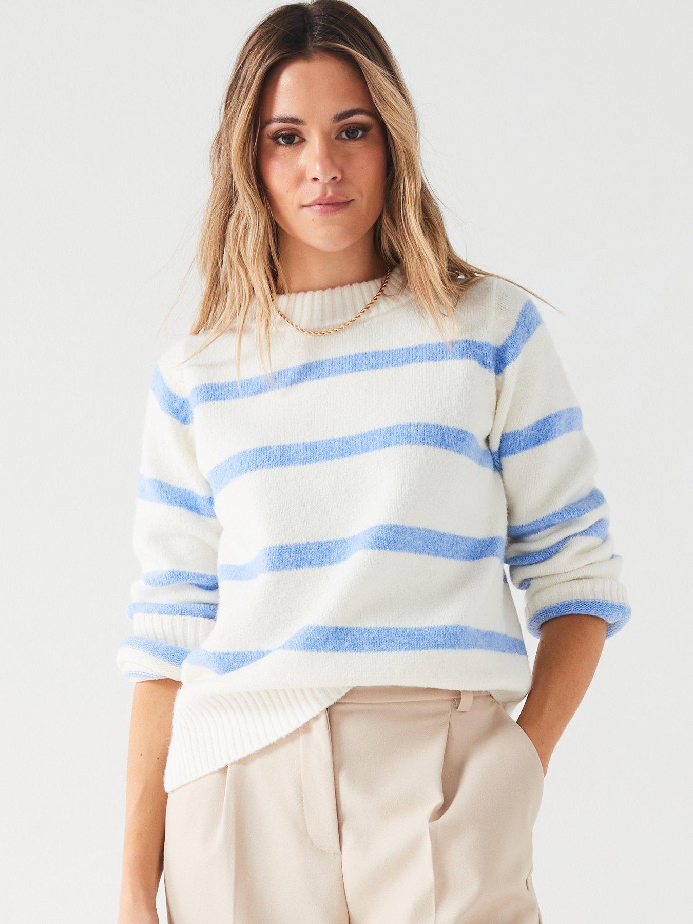 Everyday Crew Neck Stripe Knitted Jumper - Blue and Ivory | Very.co.uk