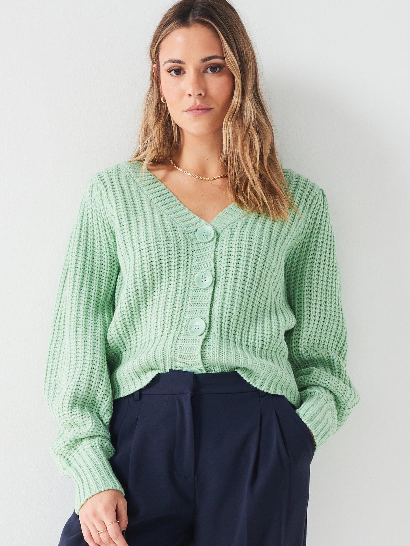 V Neck Chunky Cropped Knitted Cardigan - Green