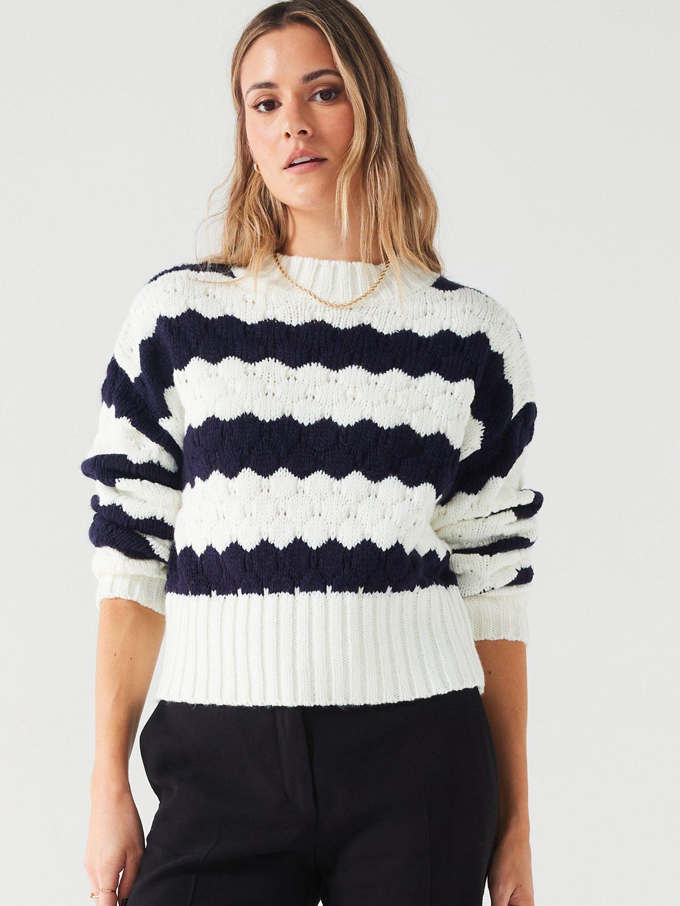 V by Very Crew Neck Stripe Cropped Knitted Jumper - Navy and Ivory ...