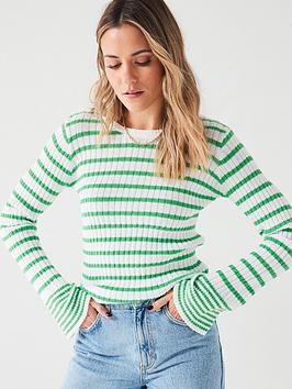 v by very fluffy stripe crew neck knitted jumper - green and white