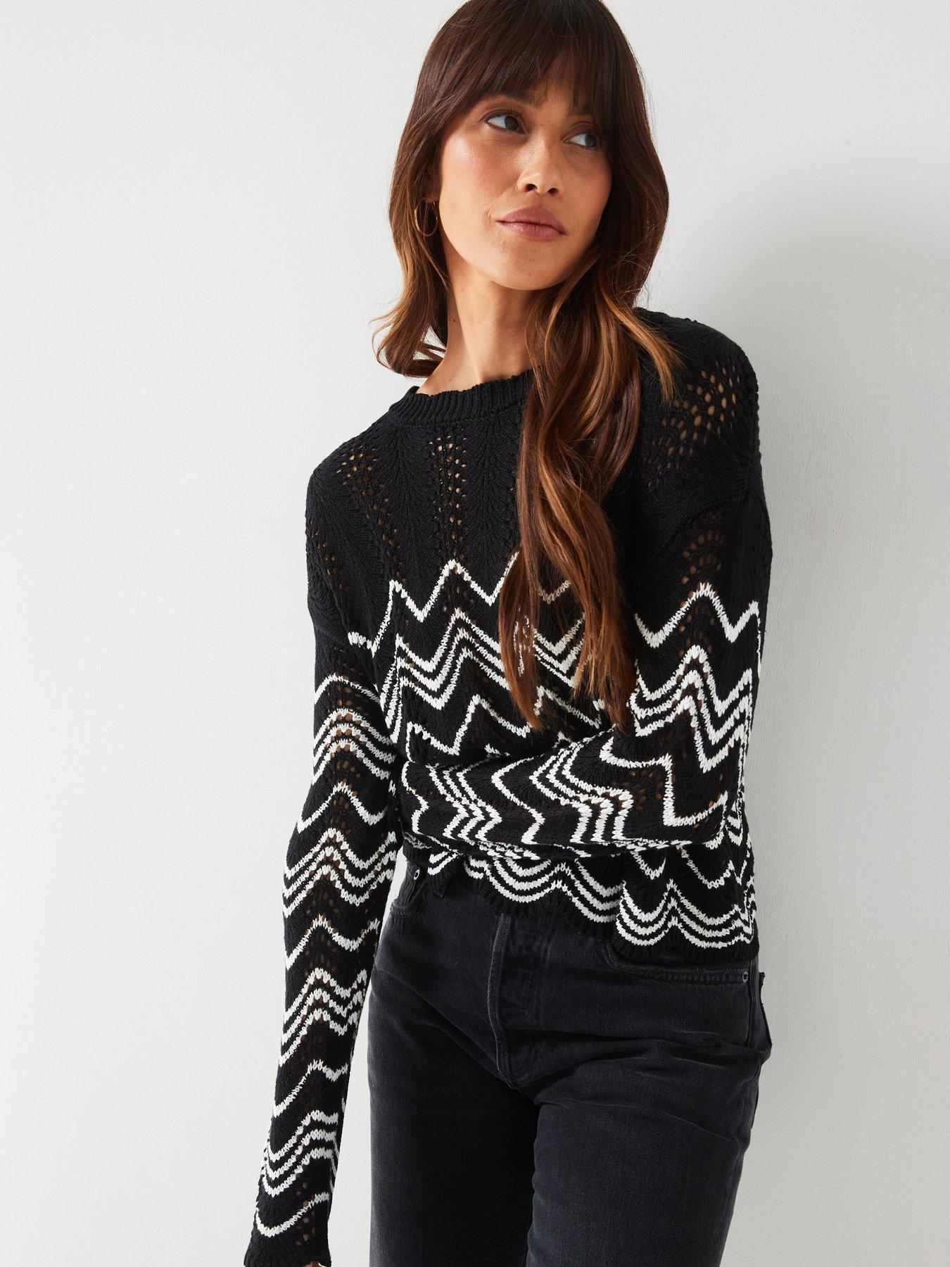 Zig Zag Open Stitch Jumper Black White