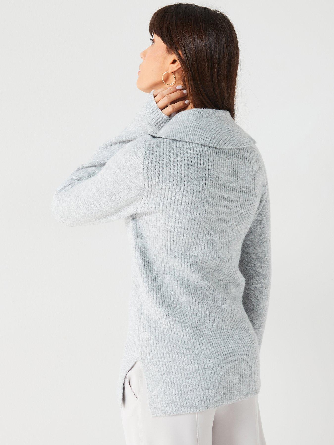 Collared V Neck Fitted Jumper Grey