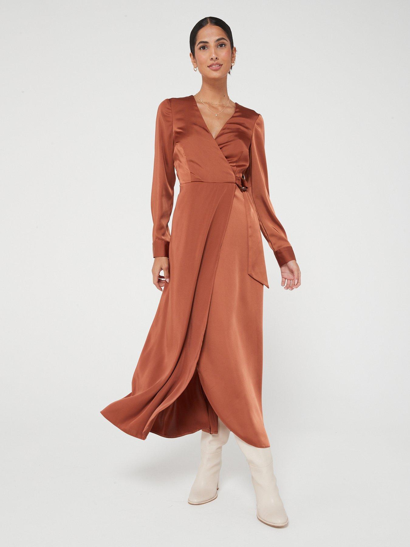 V by Very Long Sleeve Satin Shirt Midaxi Dress - Brown