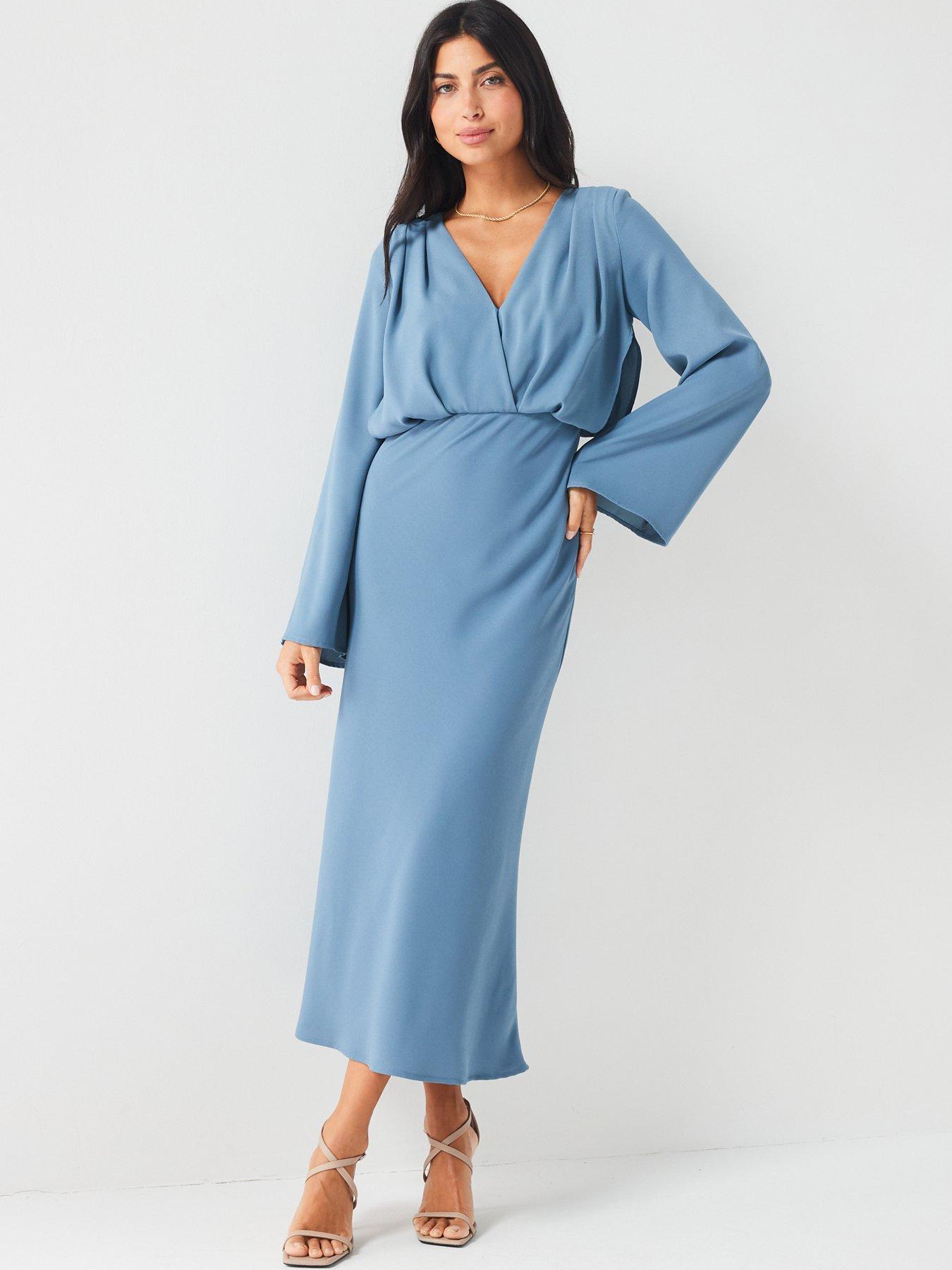 V by Very Long Sleeve Wrap Crepe Midaxi Dress - Blue | Very.co.uk