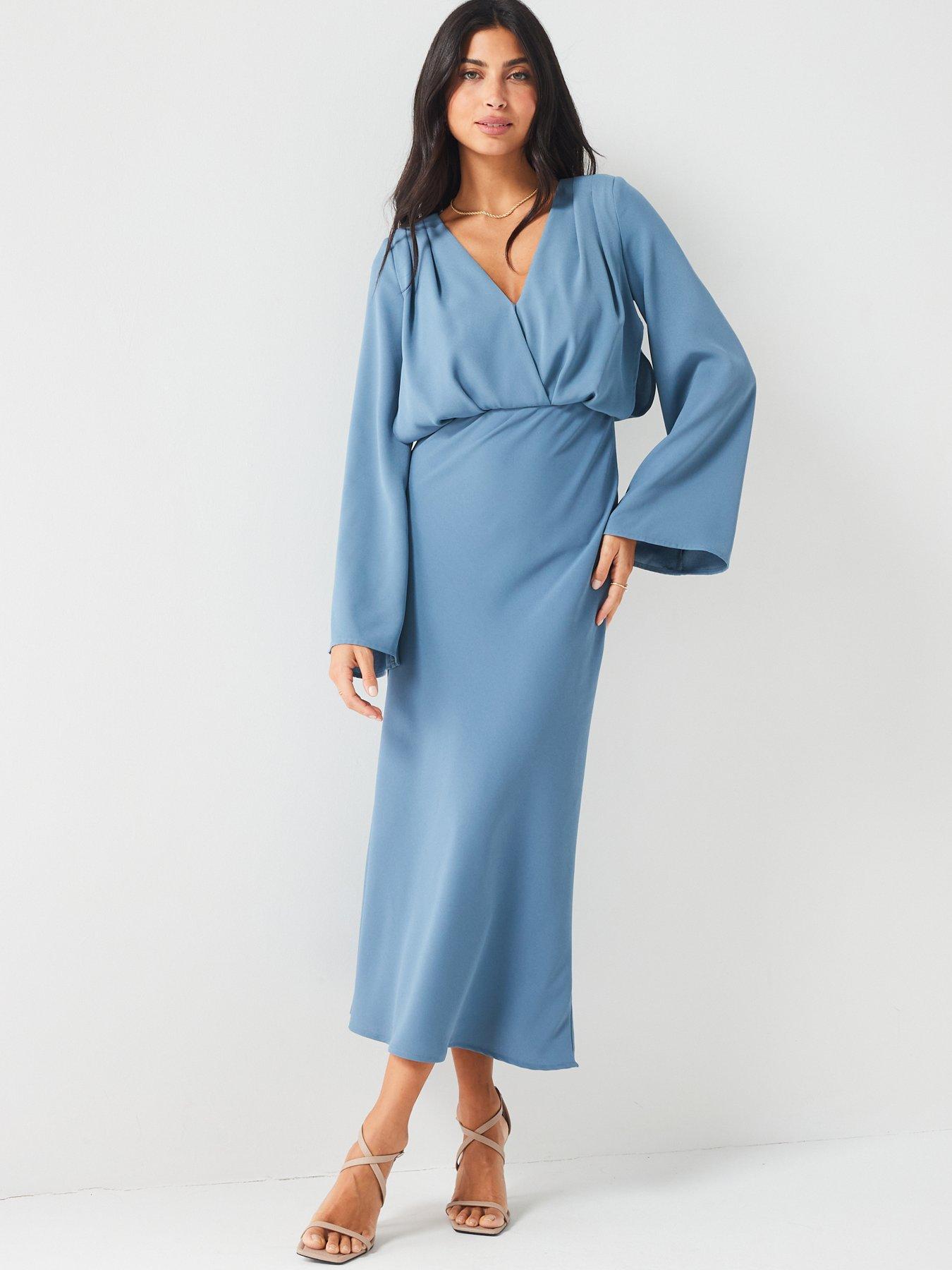 V by Very Long Sleeve Wrap Crepe Midaxi Dress - Blue | Very.co.uk