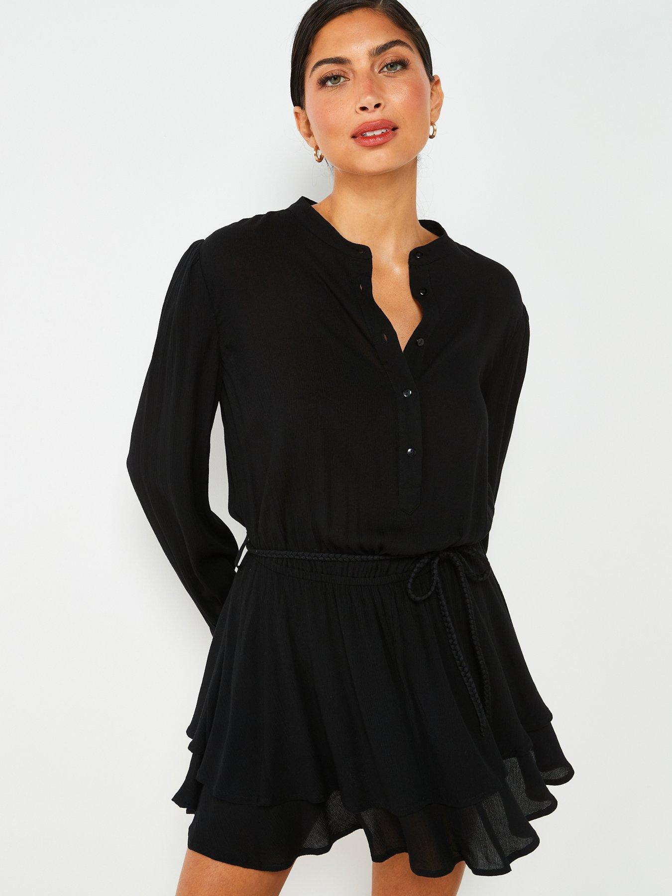 V by Very Crinkle Belted Long Sleeve Dress - Black | Very.co.uk