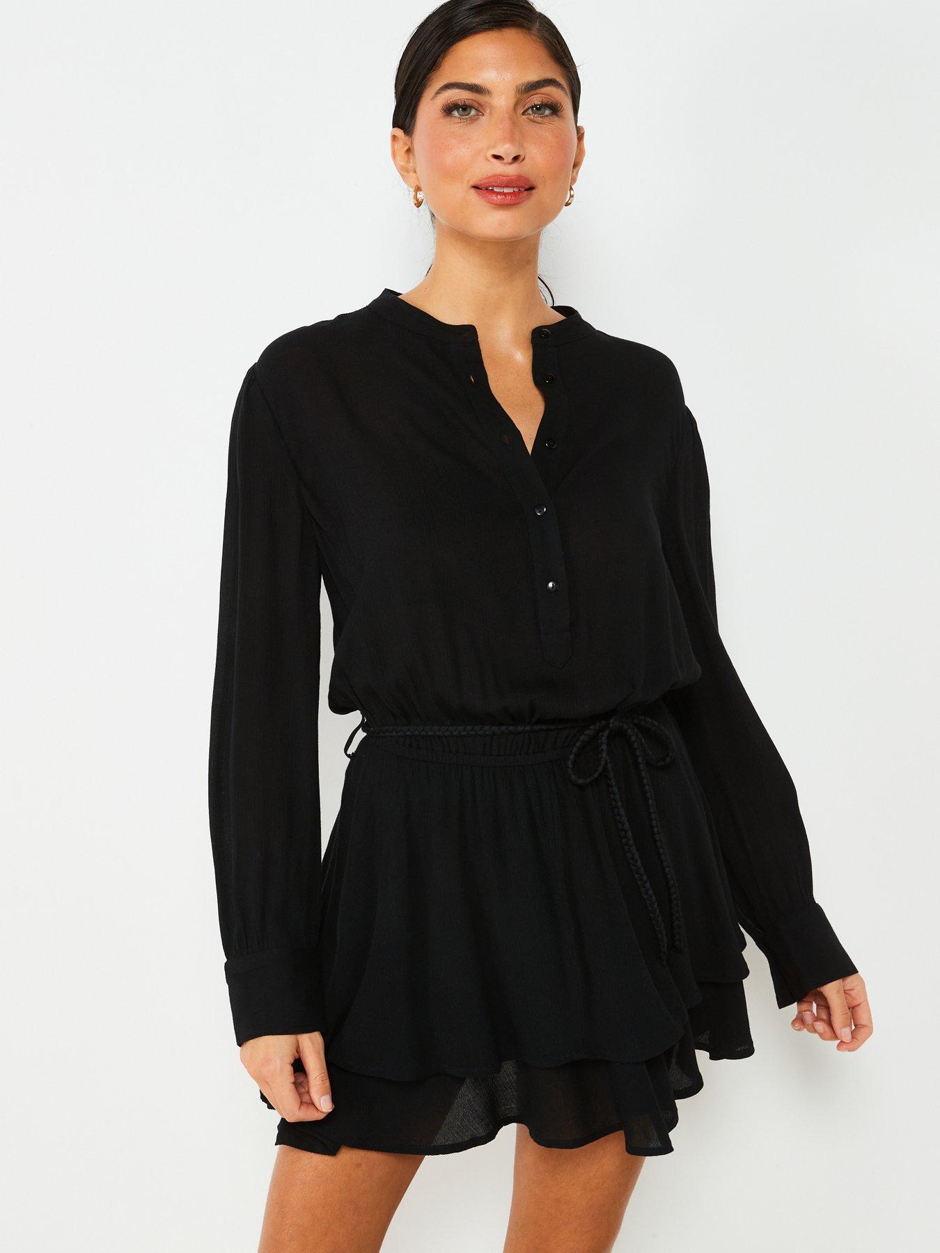 V by Very Crinkle Belted Long Sleeve Dress - Black | Very.co.uk