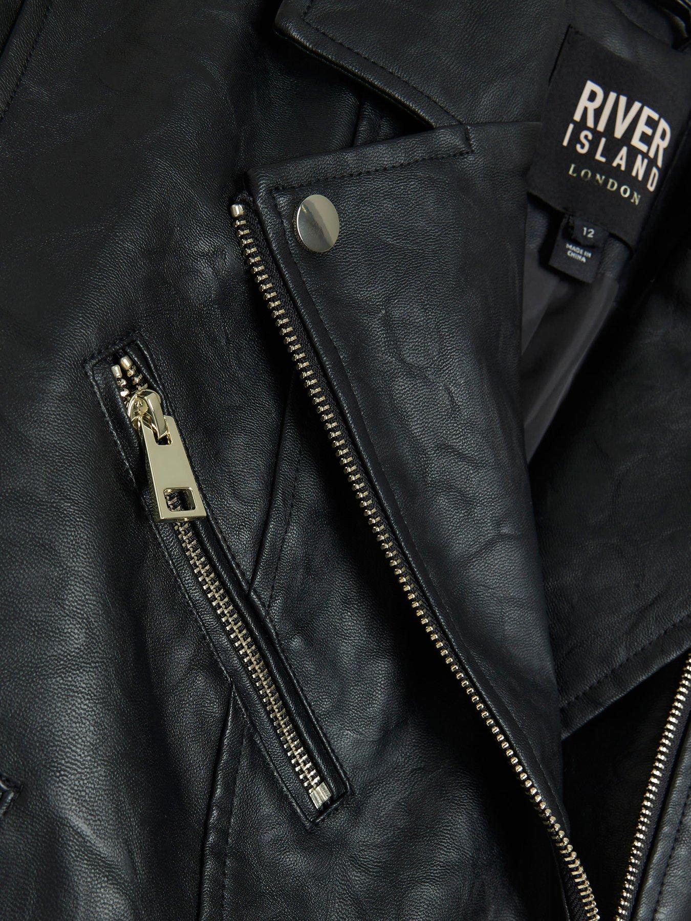 River island black leather coat online