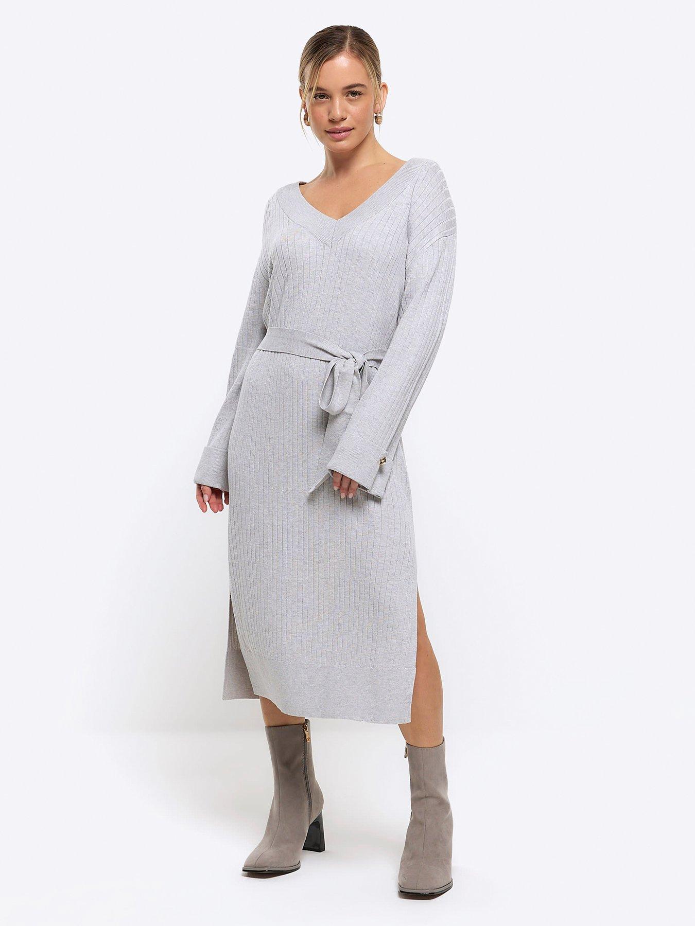 Calvin Klein Jeans Logo Graphic Ribbed Knit Midi Dress - Grey