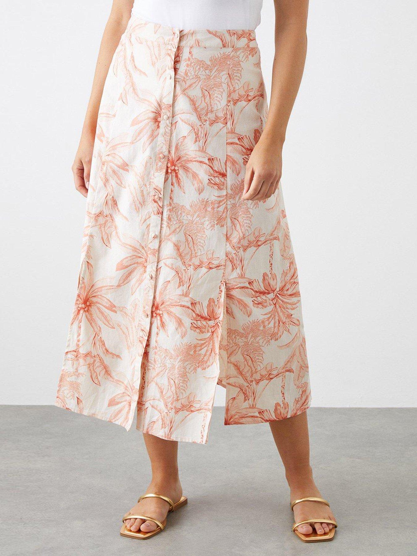 Palm Print Button Through Midi Skirt Pink