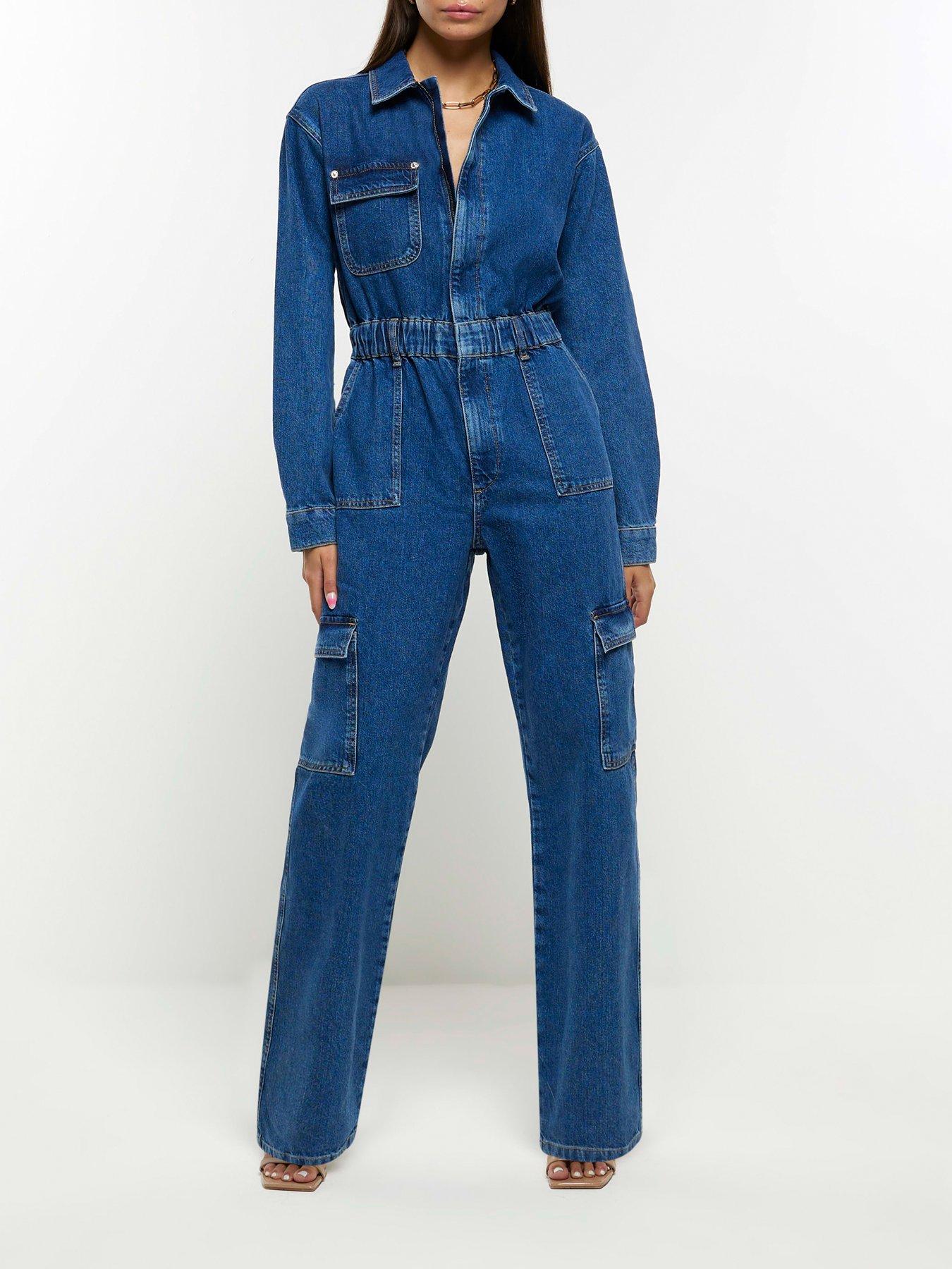 River Island Cargo Denim Dungarees - Medium Denim | Very.co.uk