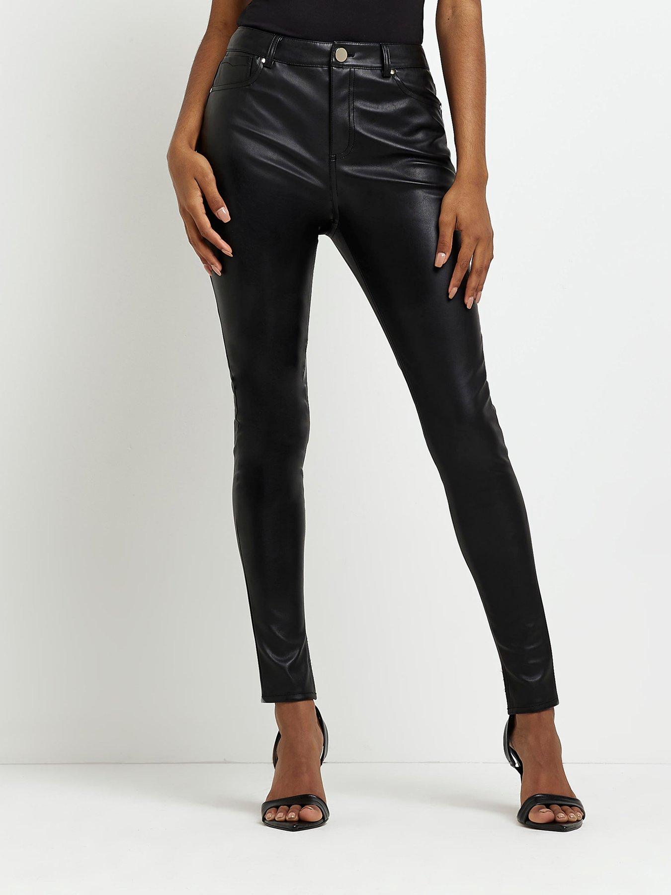 Petite Black Faux Leather Split Hem Seam Detail Skinny Pants