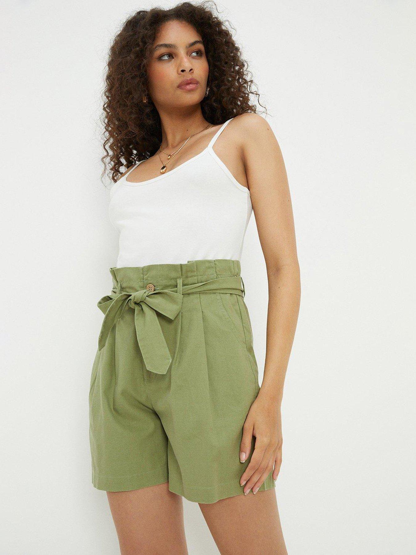 Dorothy Perkins Paperbag Belted Linen Shorts - Sage | very.co.uk