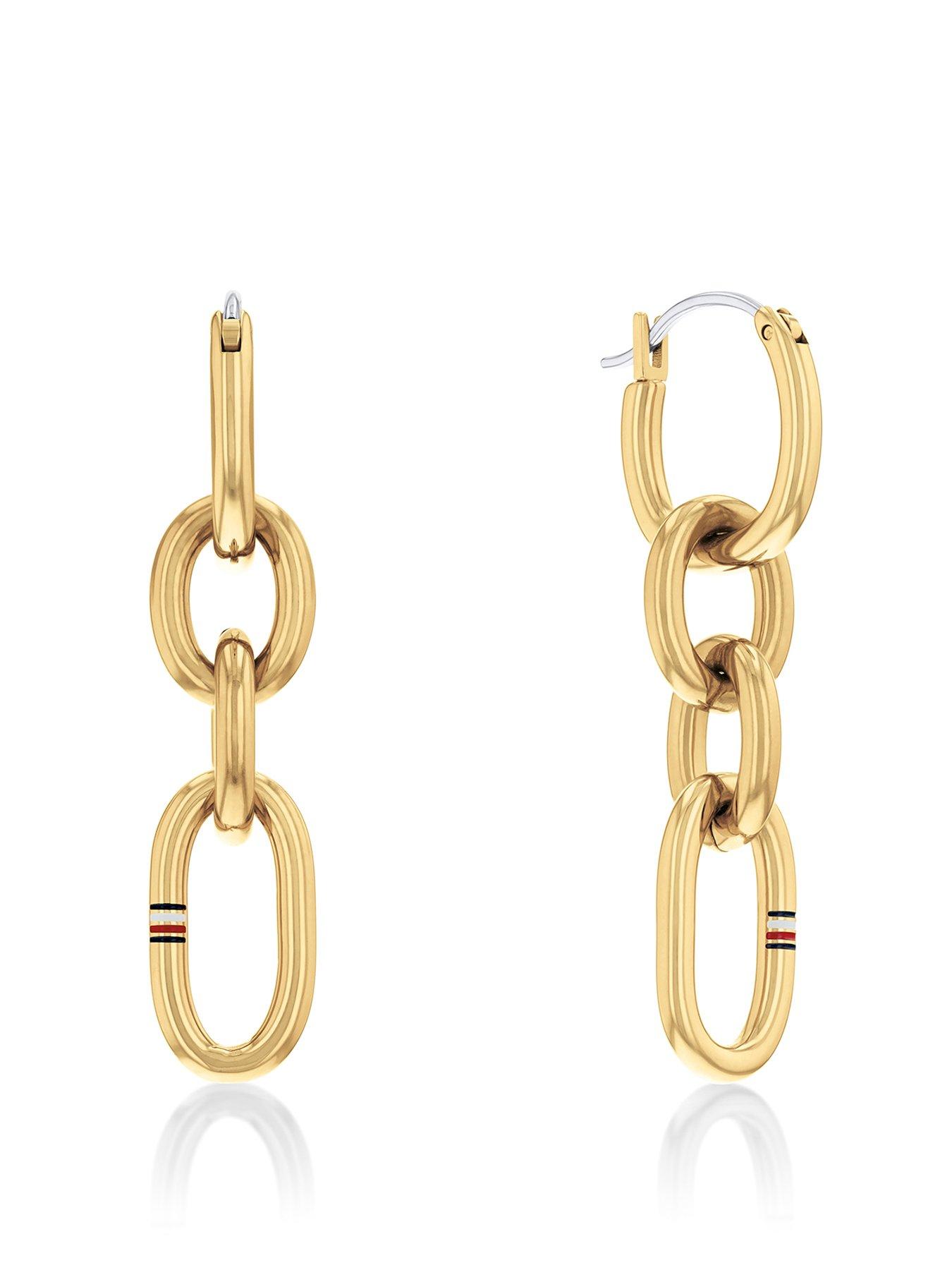 Product photograph of Tommy Hilfiger Women S Gold Plated Link Chain Earrings from very.co.uk