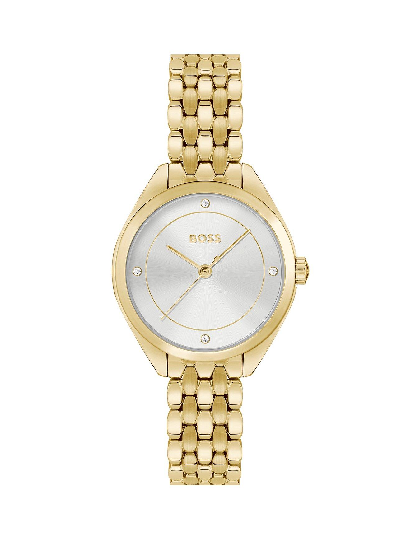Product photograph of Boss Ladies Boss Mae Light Yellow Gold Bracelet Watch from very.co.uk